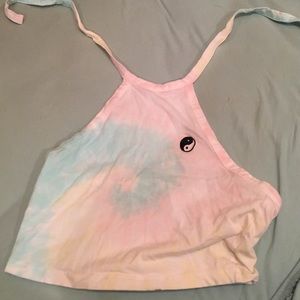 Blue, pink, yellow tye-dye halter top
