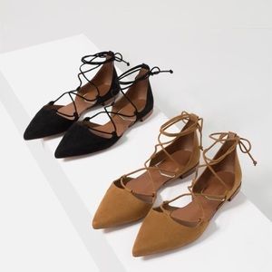 Zara lace up flats in vegan suede colored in tan