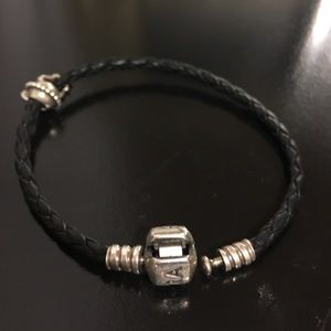 Pandora black leather braided bracelet with charm
