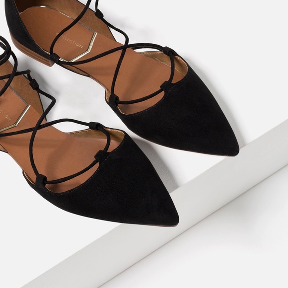 Black Zara lace up flats in vegan suede