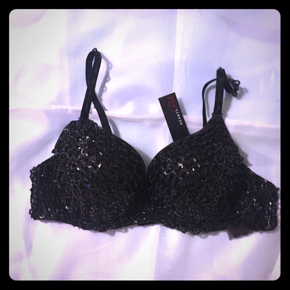 Black sequin and beads embellished bra