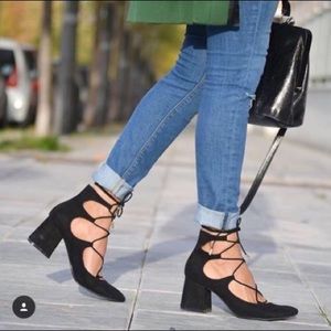 Black Zara lace up heels in vegan suede