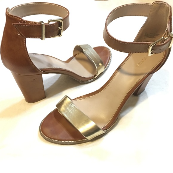 Gold / Brown Ankle Strap Block Heel