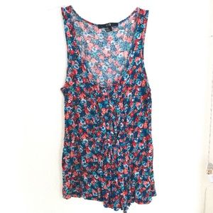Red & blue floral tank top w/ ruffle detail