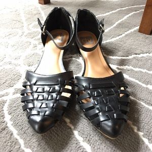 Dolce Vita ankle strap black leather flats.