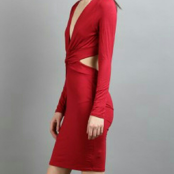 Red Long Sleeve Cutout Deep-V Midi Pencil Dress - Picture 2 of 3