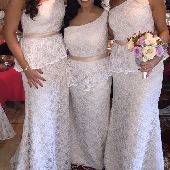 Mori Lee Champagne Lace One Shoulder Dress Size 8