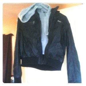 Debs faux leather jacket with gray sweater hoodie
