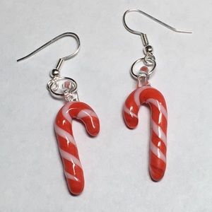 LAMPWORK GLASS CANDY CANE EARRINGS 2"