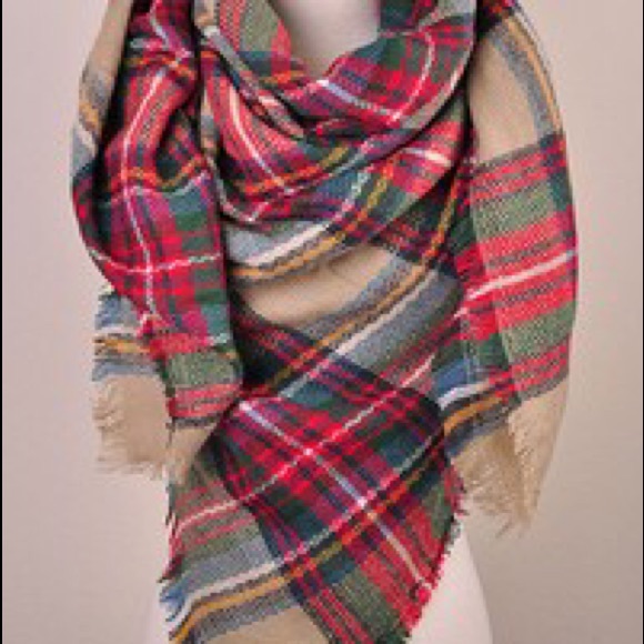 LAST ONE Plaid Blanket Scarf Tan Red Green - Picture 2 of 3