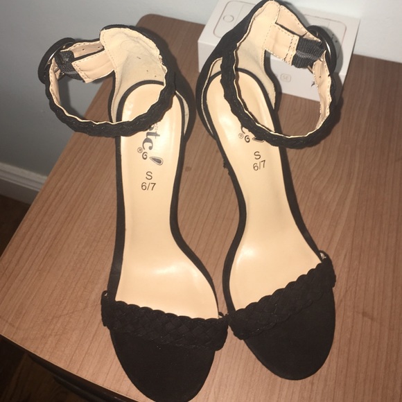 Classic Black Suede Ankle Strap Open Toe Heels - Picture 4 of 4