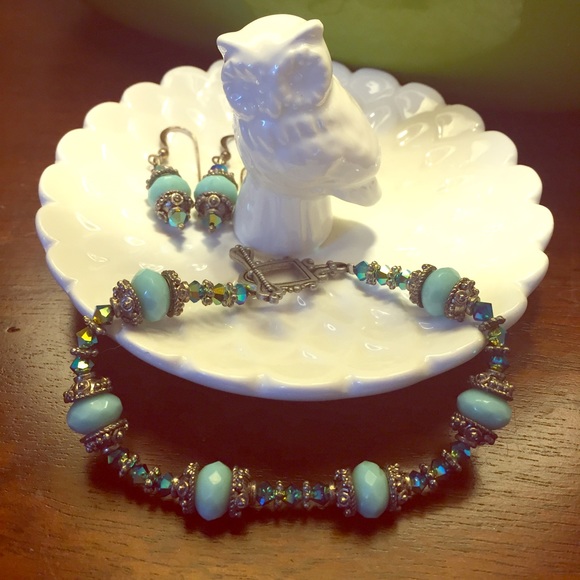 Crystal & Milky Blue Bead bracelet & earrings set