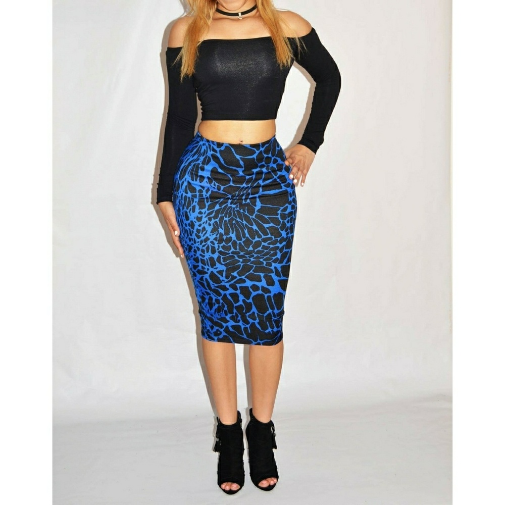 Black & Blue Pencil Midi Skirt
