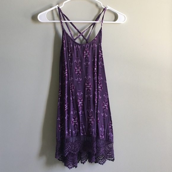 Purple tank top with aztec designs and lace bottom