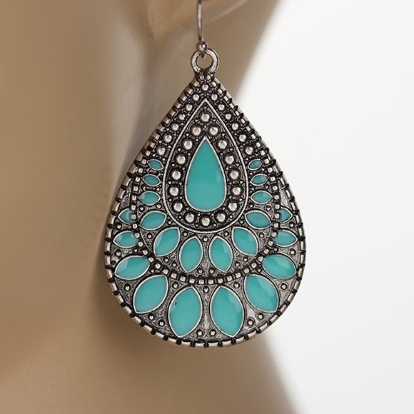 Turquoise silver statement boho gypsy earrings - Picture 4 of 4
