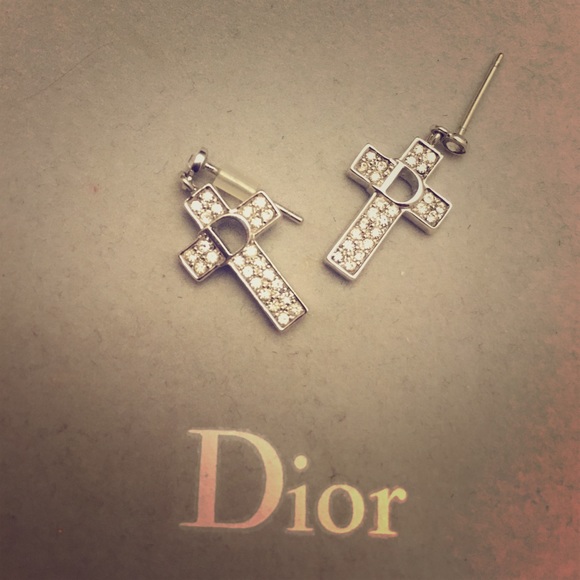 Silver rhinestone authentic Dior cross earrings