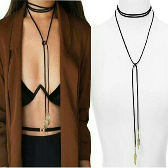 Long Vegan Leather Choker with Feather Ends - Picture 2 of 4