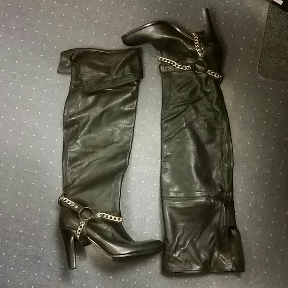 Antik batik over the knee leather boots with chain