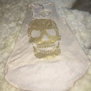 Beige and gold skull high low tank top