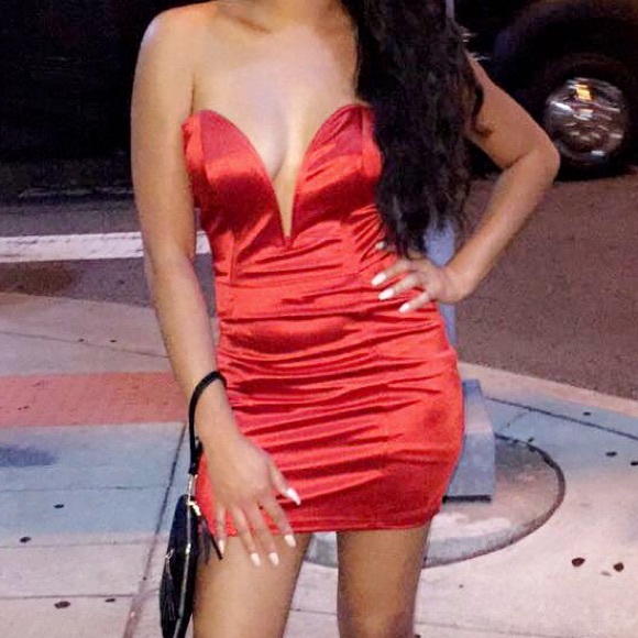 Hot Miami Styles Red Deep V Dress. Ready to Ship!