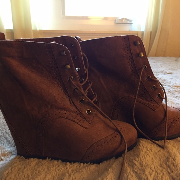 Brown lace up wedge bootie