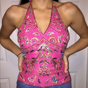 Pink Halter Sequins Top