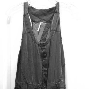 Charcoal gray, cargo pants romper.