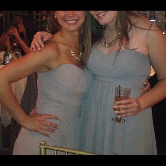 Floor length strapless grey bridesmaids dress