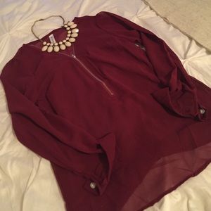 Sheer Burgundy front zip dress top