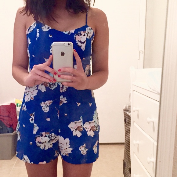 Royal Blue Floral Romper w/ Low V Back - Picture 4 of 4