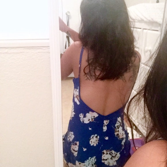 Royal Blue Floral Romper w/ Low V Back - Picture 3 of 4