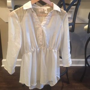 Sheer cream & gold button-tab blouse