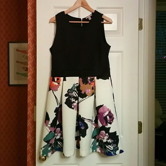Dress, navy top with cream colored, floral skirt.