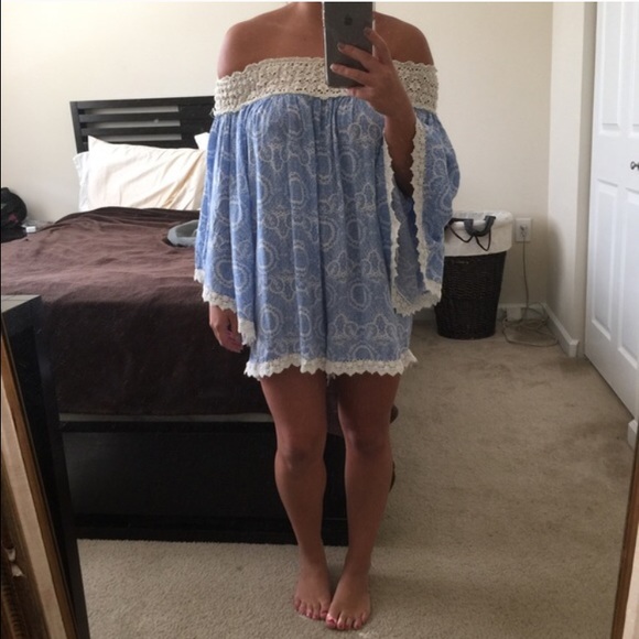 Blue and cream paisley romper