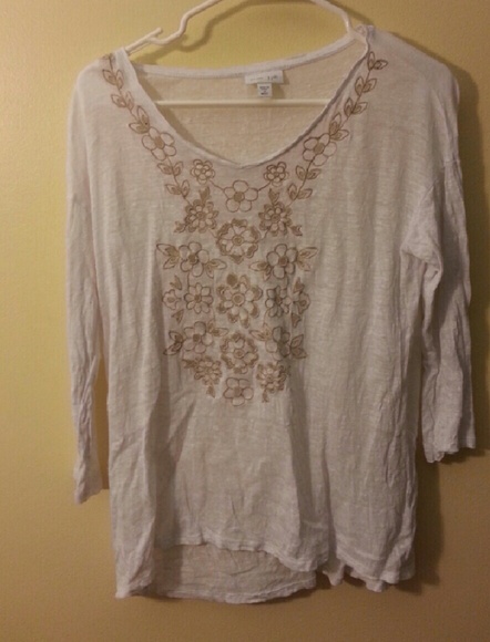 J. Jill Love Linen White Floral Cut-Out Shirt