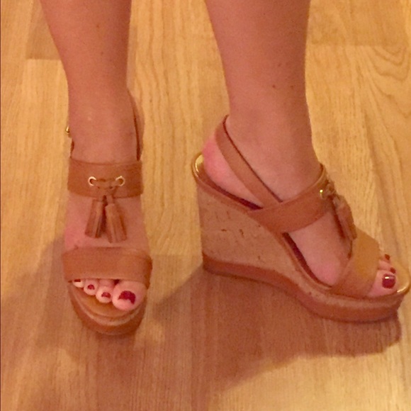 Tan Coach Tassel Wedges