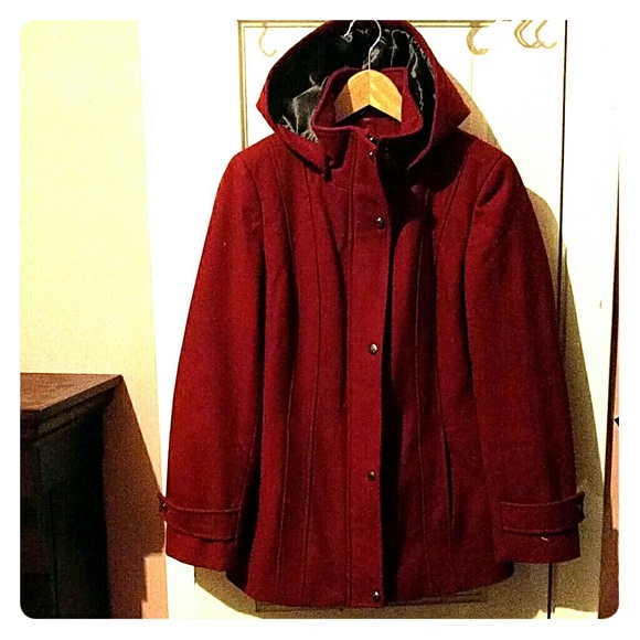 Calvin Klein Red Wool Pea Coat Jacket Hood 6
