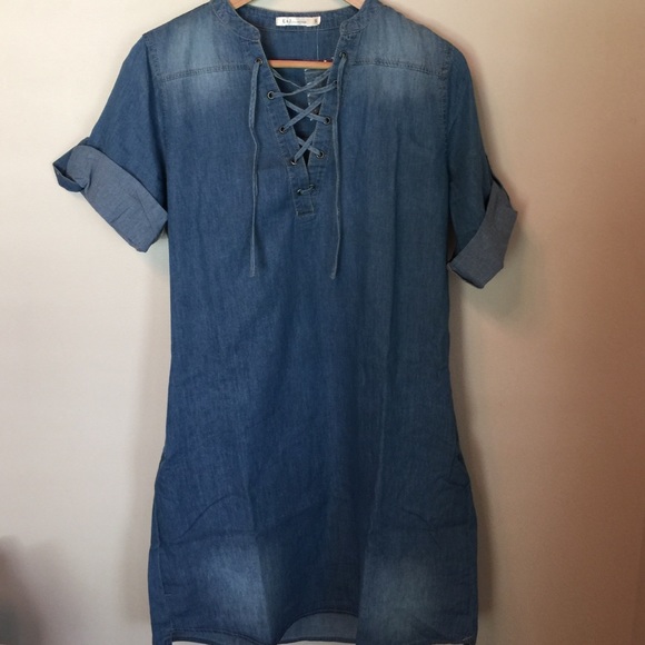 Faded denim lace up shirt dress - Picture 2 of 3