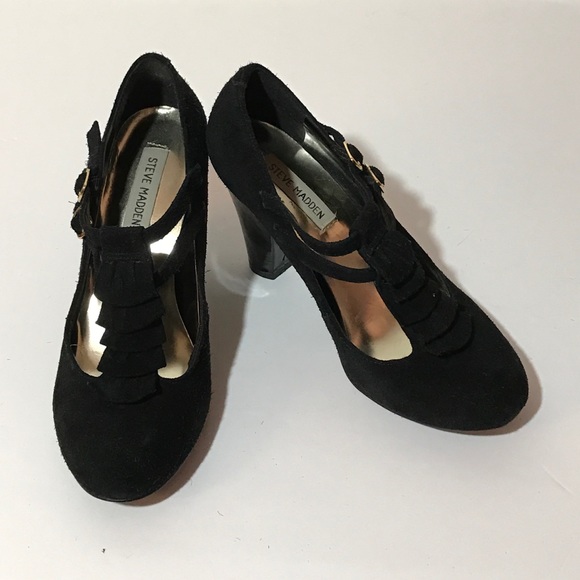 Steve Madden black suede T-strap heels