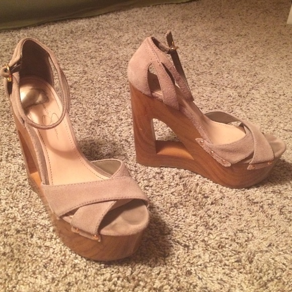 Jessica Simpson tan suede cutout platform wedges
