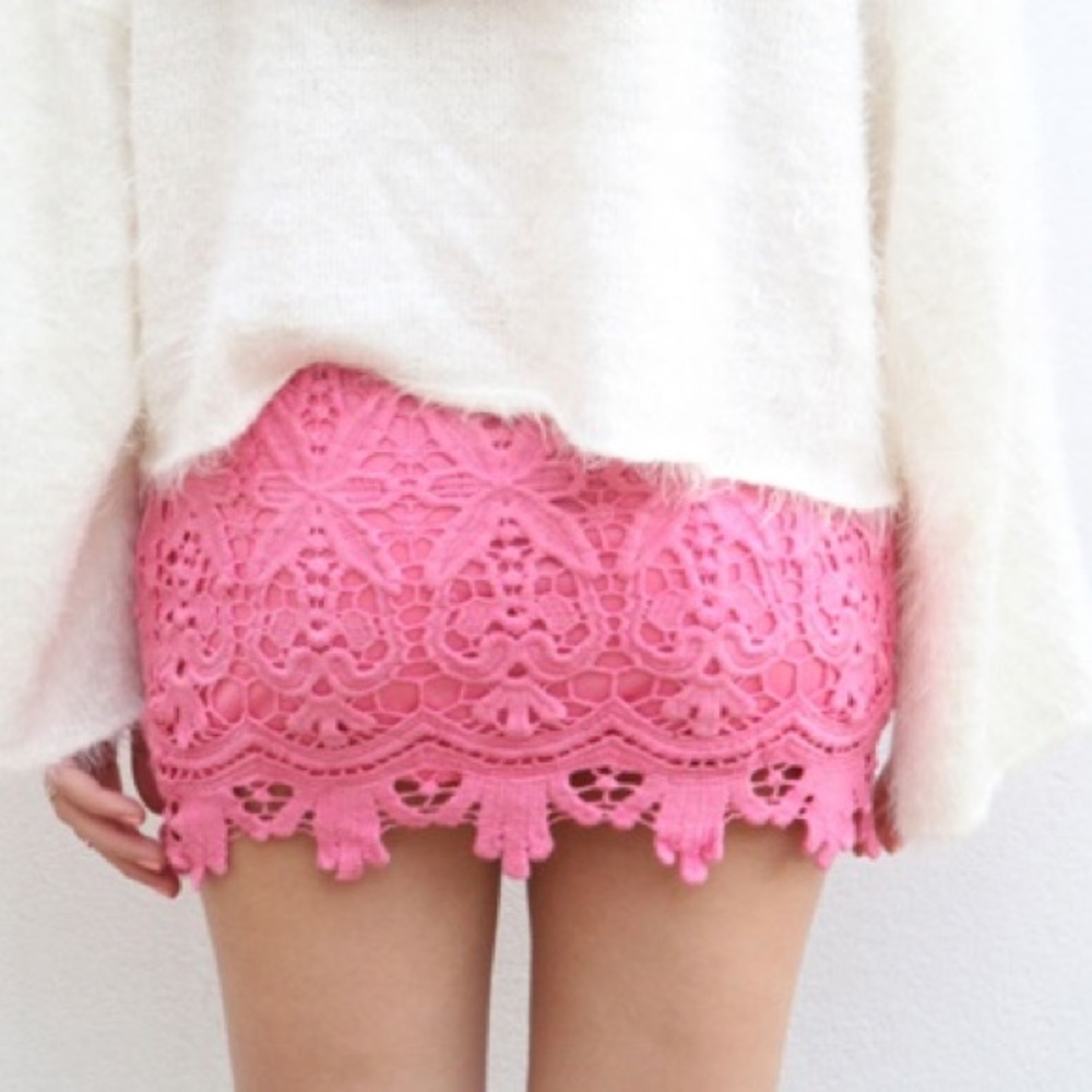 Sabo Skirt Pink Bubble Gum Lace Crochet Mini Skirt - Picture 6 of 8