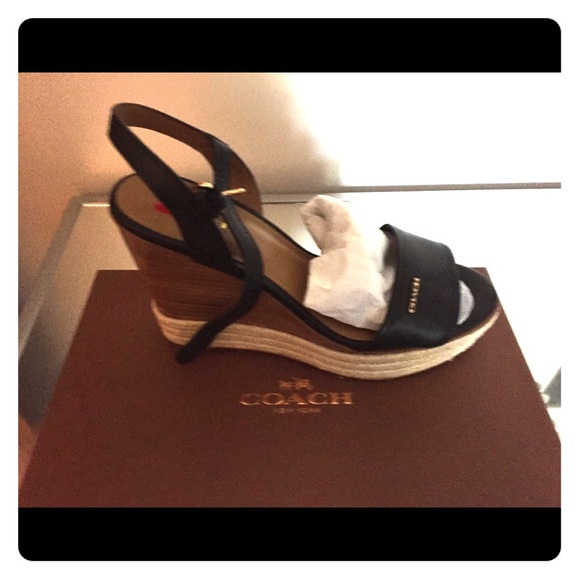 Coach new black leather espadrilles wedge sandals