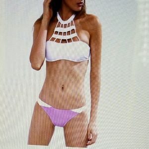 Contrast caged halter neck bikini set