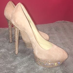 Brian Atwood 6 inch suede tan rhinestone heel