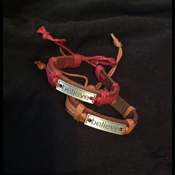 2 Matching Believe Leather Adj Bracelet New