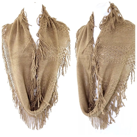 🍂 Soft Knit Fringe Beige Taupe Infinity Scarf B93 - Picture 2 of 4