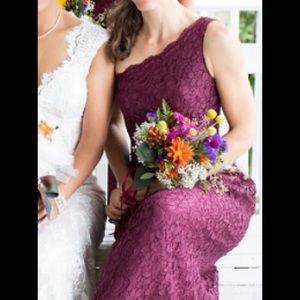 Davids Bridal one shoulder all over lace in Wine