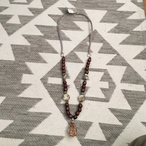 Amber colored Quartz and wood necklace