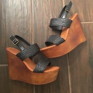 Black strappy wedges with wood.