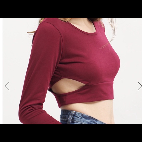 Wine Red Cut Out Comfortable Sexey Crop T-Shirt - Picture 3 of 4